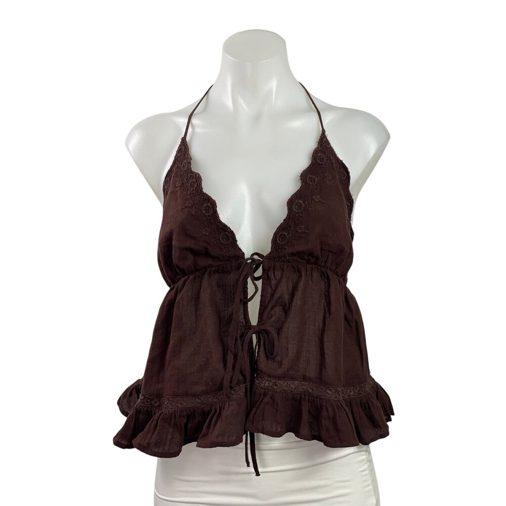 Zara Brown Sleeveless Cami Halter Embroidered Tie Front Ruffle Tank Top Size M